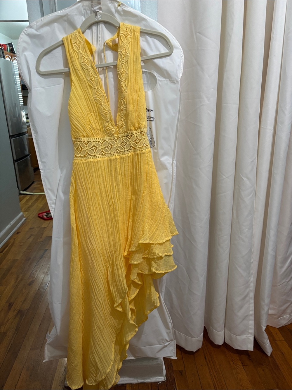 Guess Yellow Lace-Trim High-Low Maxi Dresss